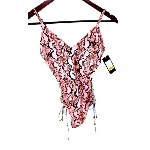 Rachel Roy S Corset Laced Side Pink Snake Python Swimsuit One-piece Swimwear